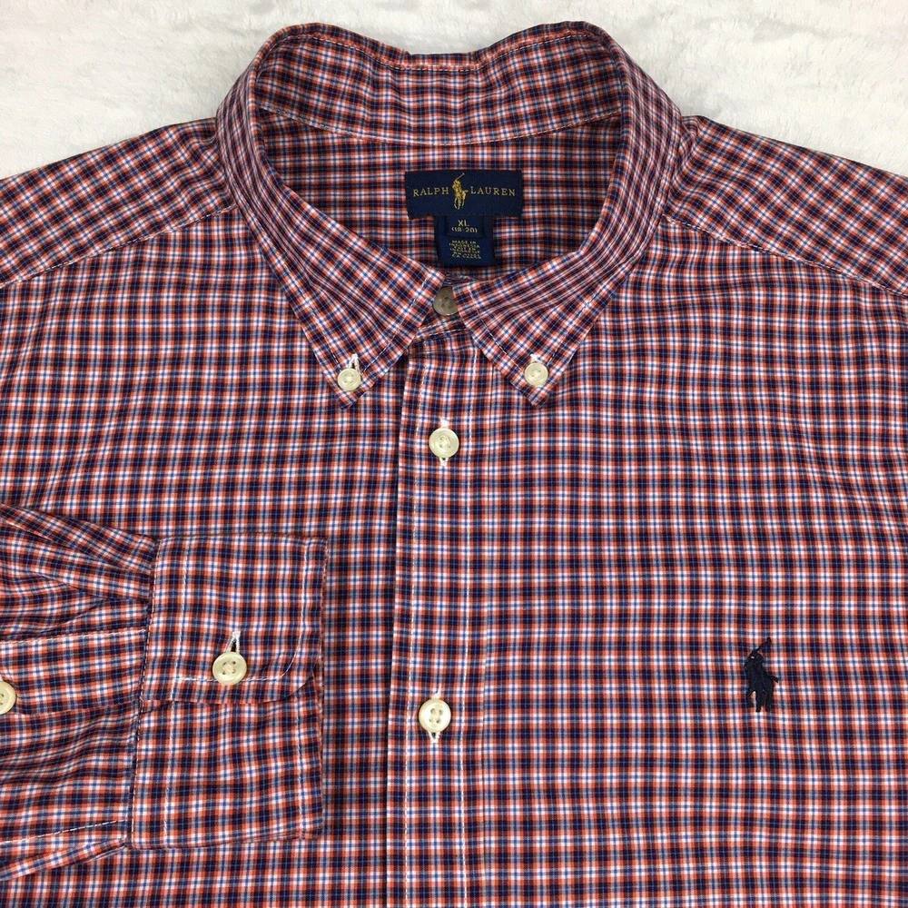 Ralph Lauren‎ Shirt Boys XL (18-20) Burgundy Micro-Plaid Blue Pony